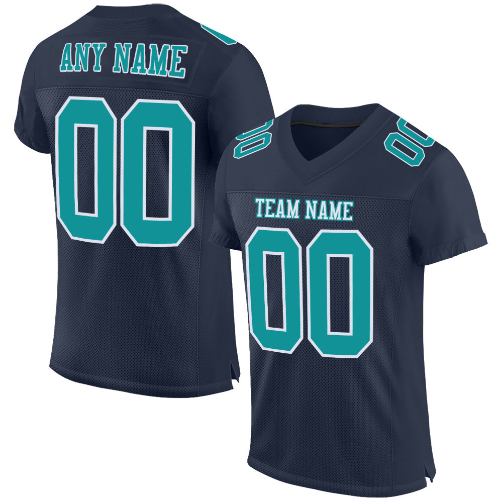 Custom Navy Aqua-White Mesh Authentic Football Jersey - Main View
