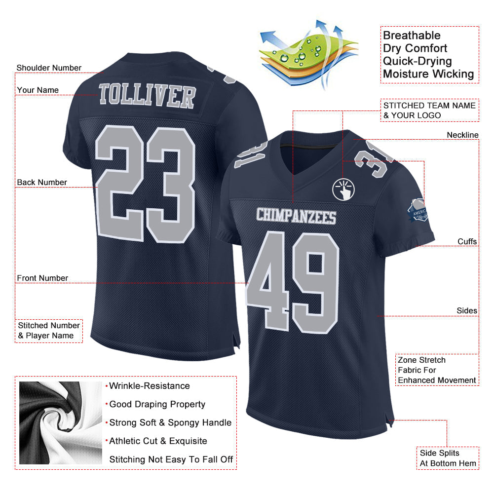 Custom Navy Gray-White Mesh Authentic Football Jersey view 2