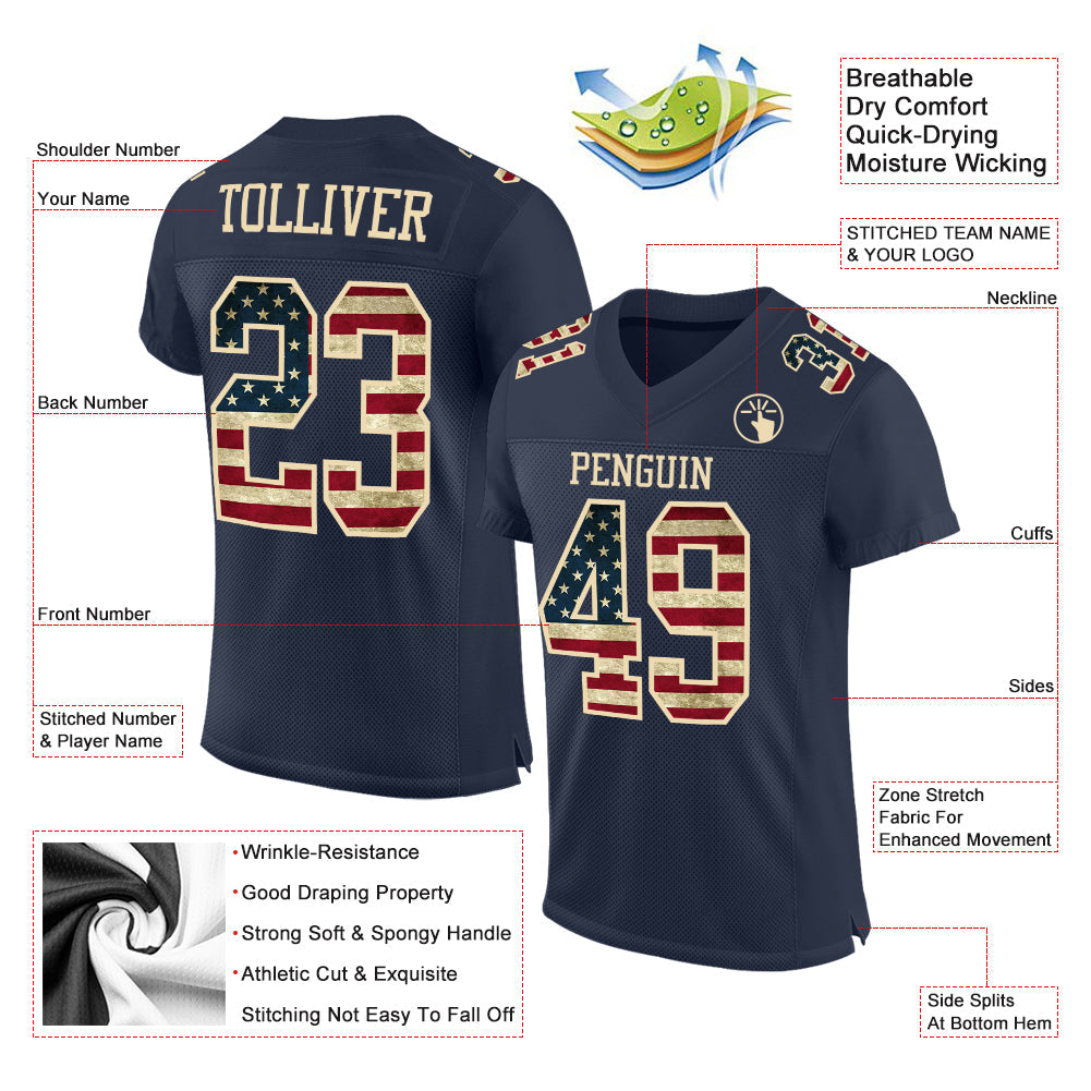 Custom Navy Vintage USA Flag-Cream Mesh Authentic Football Jersey view 2