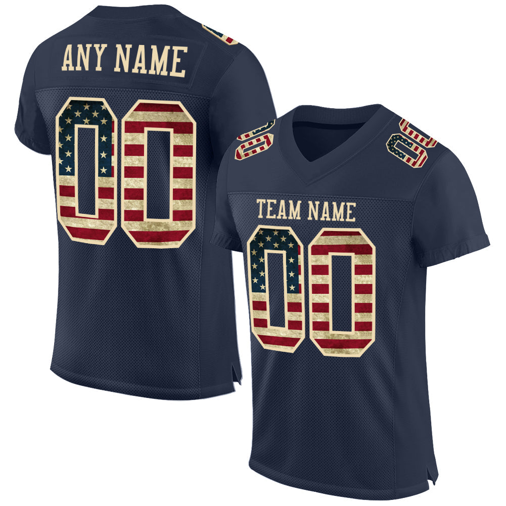 Custom Navy Vintage USA Flag-Cream Mesh Authentic Football Jersey - Main View