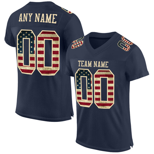 Custom Navy Vintage USA Flag-Cream Mesh Authentic Football Jersey - Main View