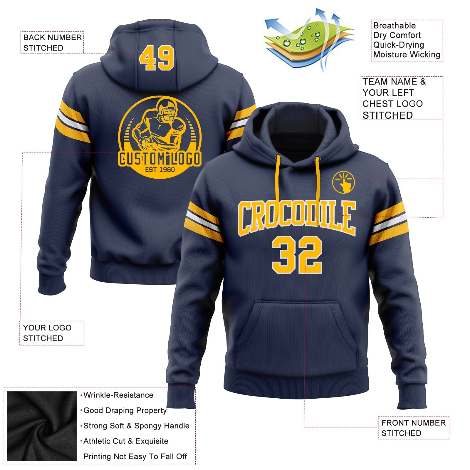 Custom Stitched Navy Gold-White Football Pullover Sweatshirt Hoodie view 2