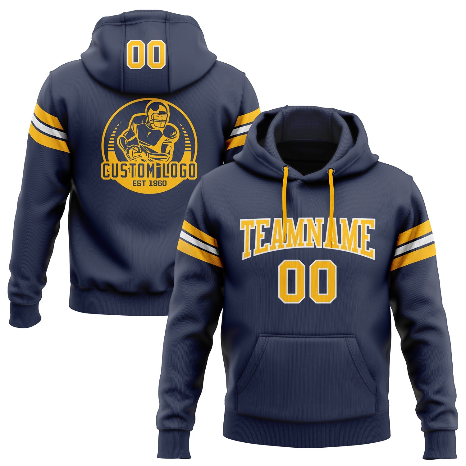 Custom Stitched Navy Gold-White Football Pullover Sweatshirt Hoodie - Main View
