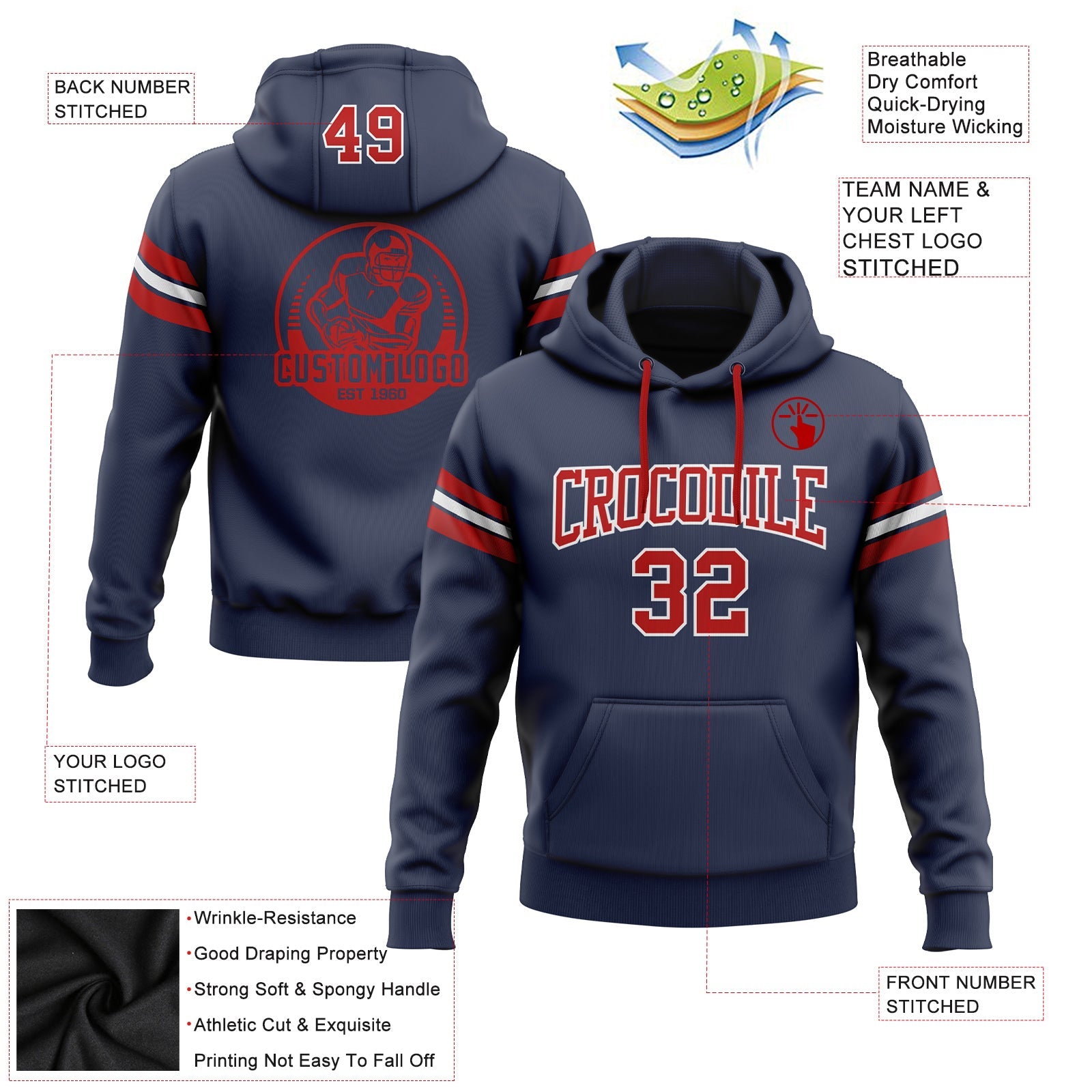 Custom Stitched Navy Red-White Football Pullover Sweatshirt Hoodie view 2