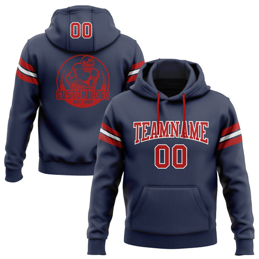 Custom Stitched Navy Red-White Football Pullover Sweatshirt Hoodie - Main View