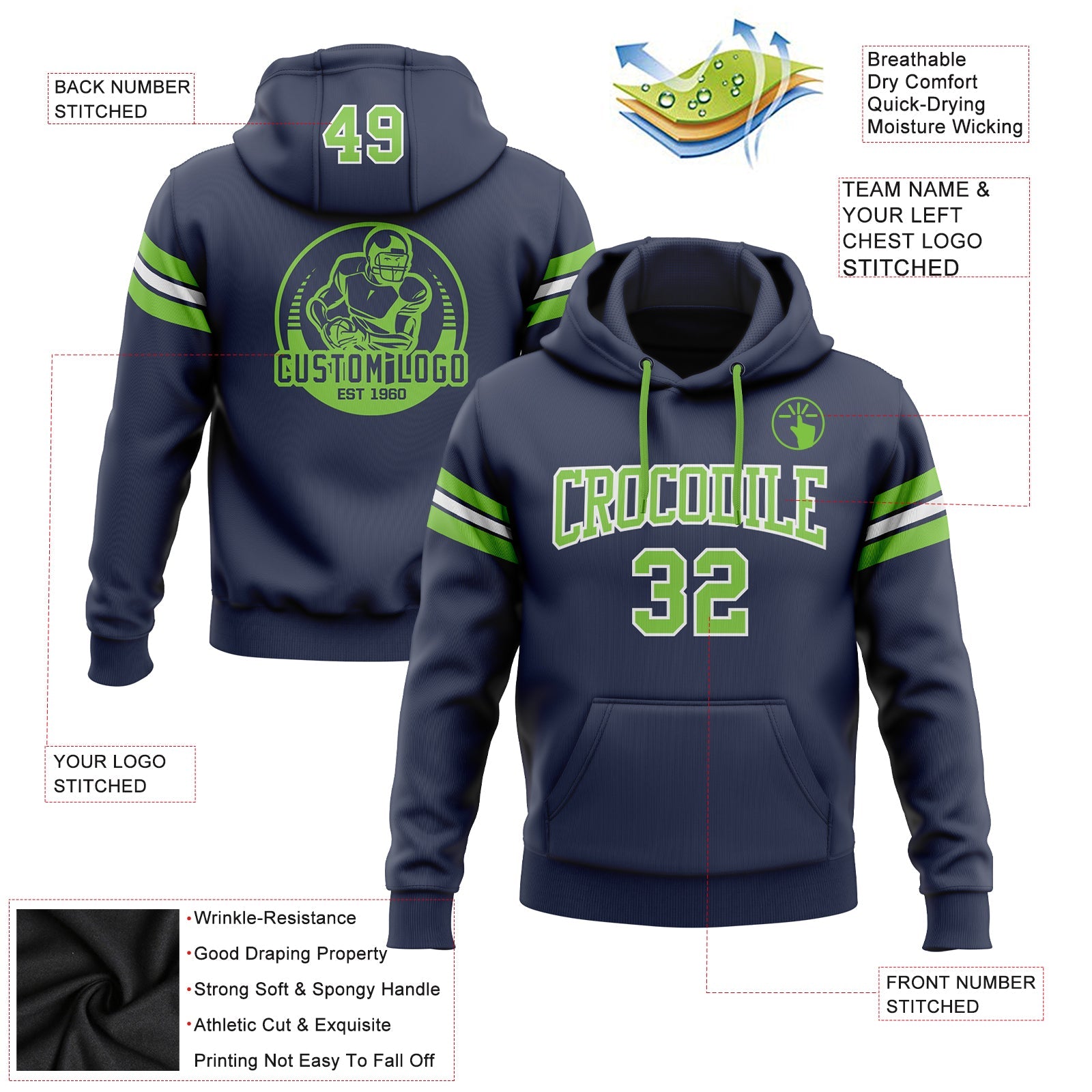 Custom Stitched Navy Neon Green-White Football Pullover Sweatshirt Hoodie view 2