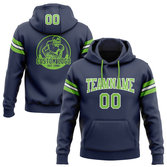 Custom Stitched Navy Neon Green-White Football Pullover Sweatshirt Hoodie - Main View