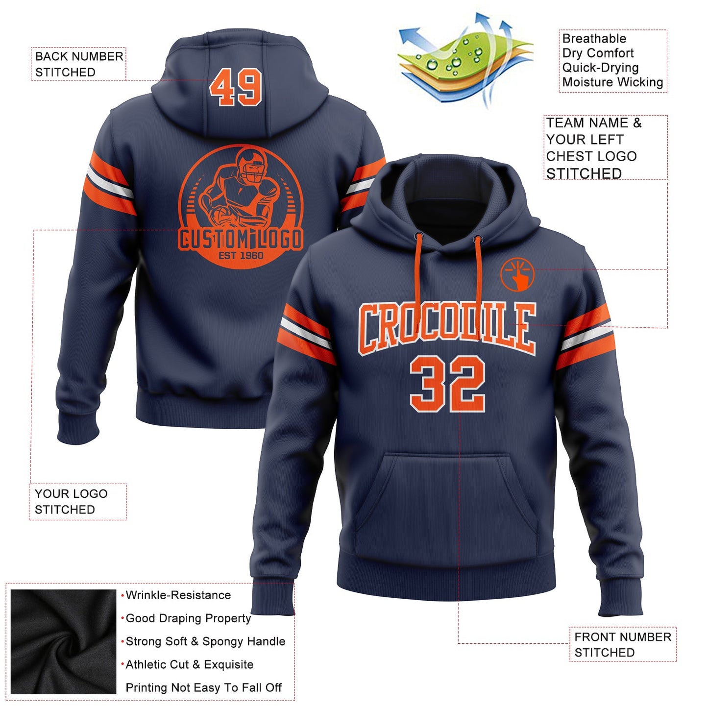 Custom Stitched Navy Orange-White Football Pullover Sweatshirt Hoodie view 2