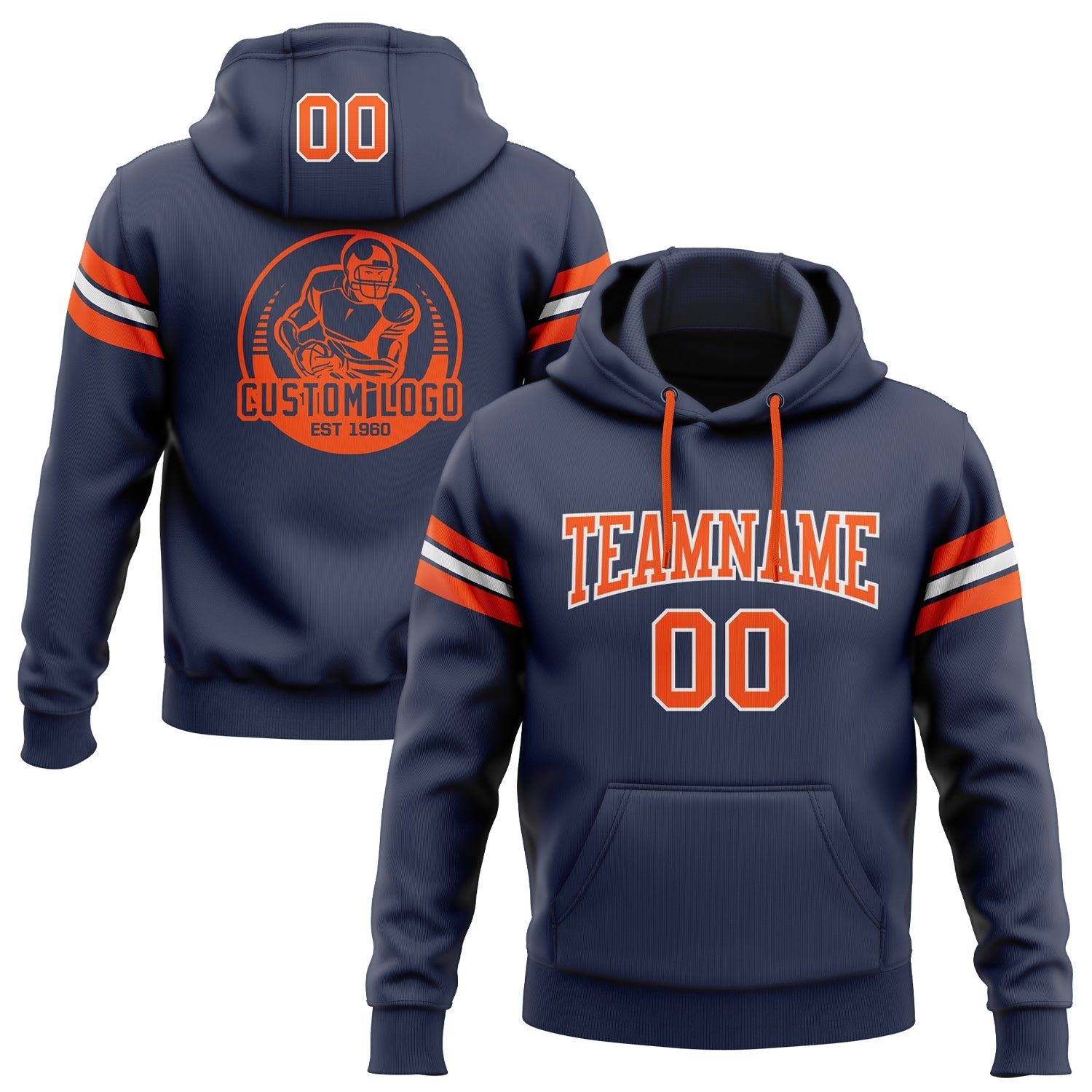 Custom Stitched Navy Orange-White Football Pullover Sweatshirt Hoodie - Main View