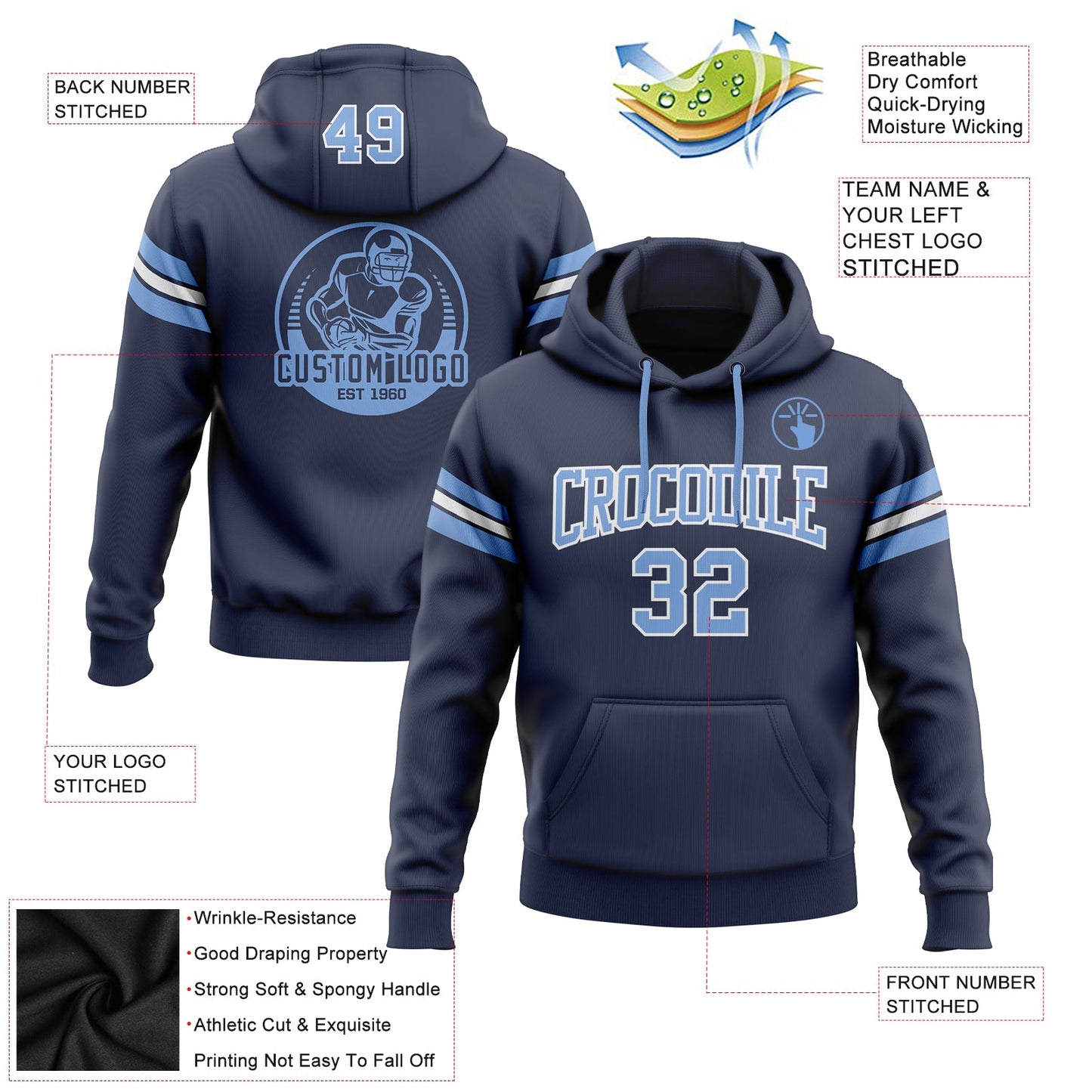 Custom Stitched Navy Light Blue-White Football Pullover Sweatshirt Hoodie view 2