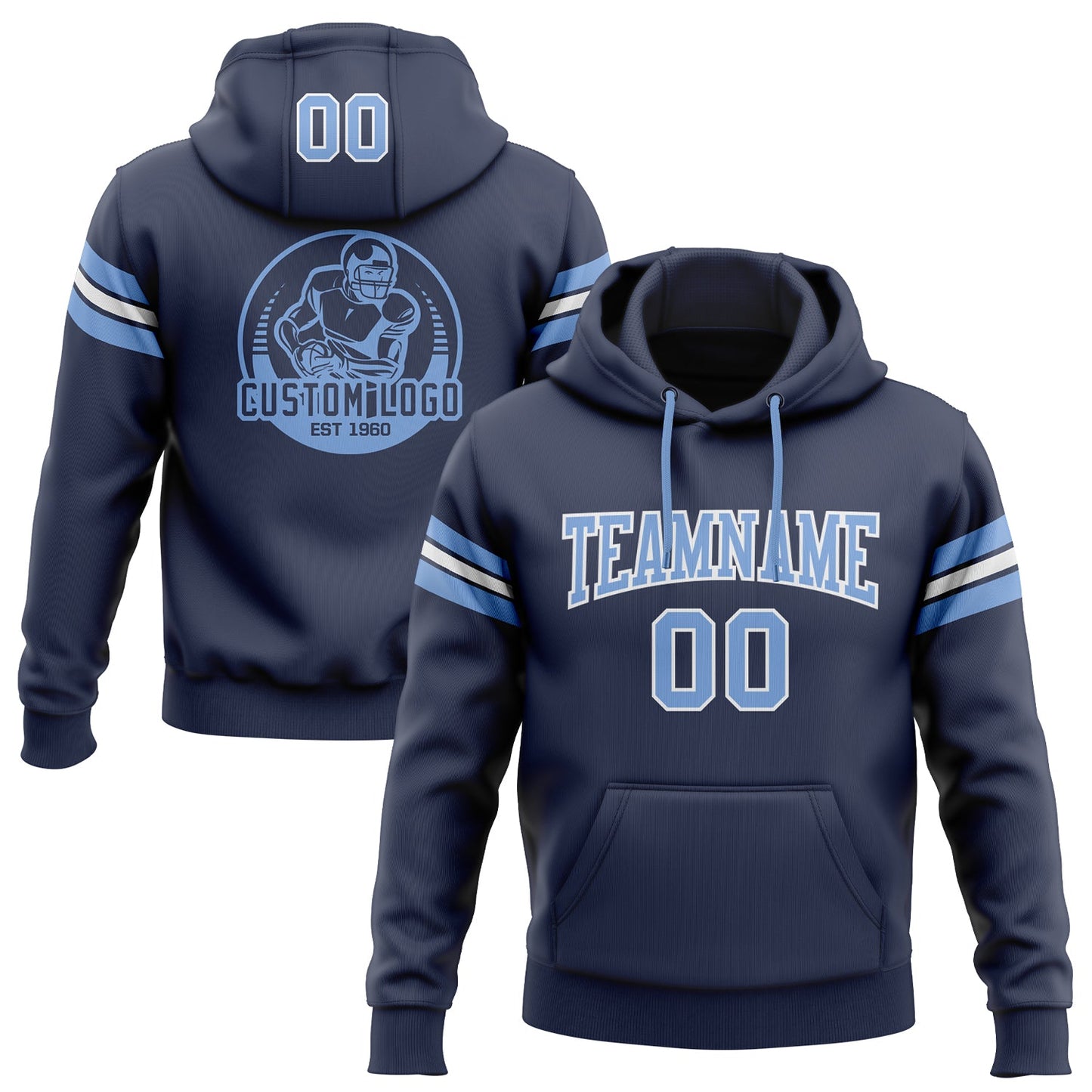 Custom Stitched Navy Light Blue-White Football Pullover Sweatshirt Hoodie - Main View