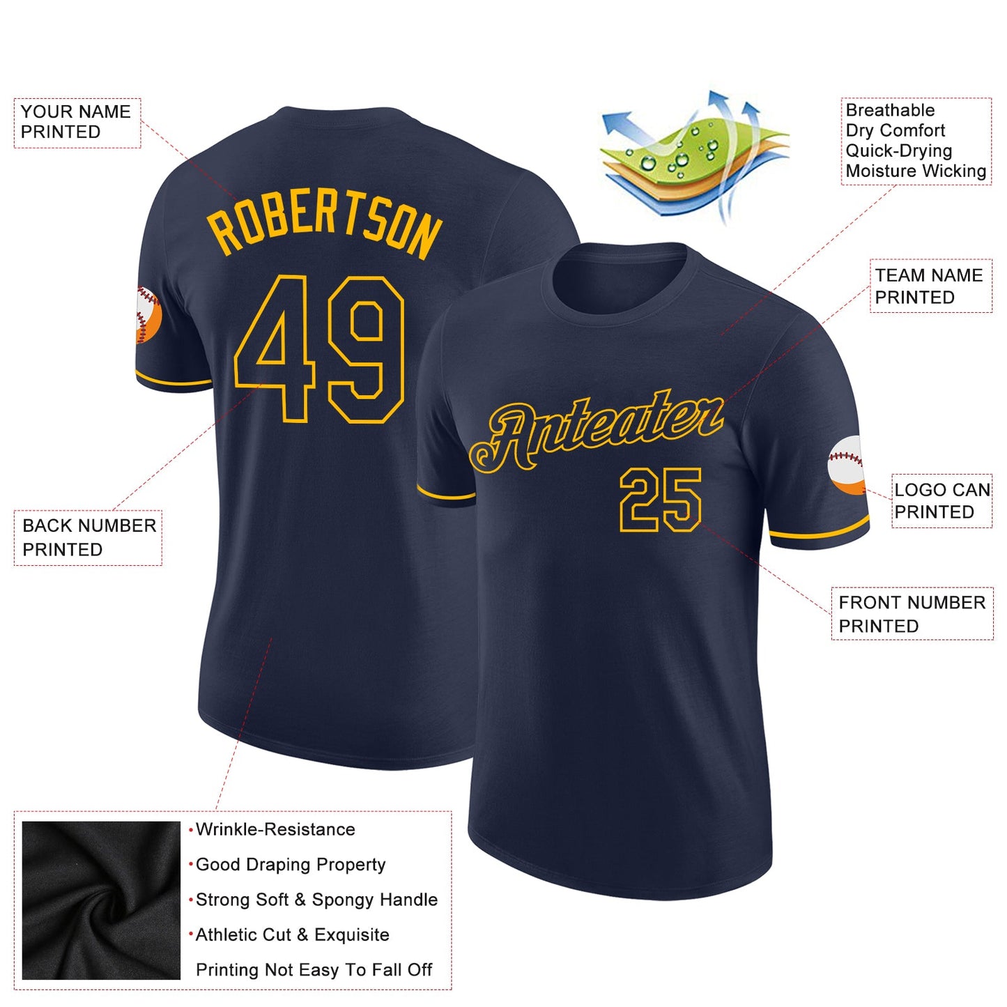 Custom Navy Navy-Gold Performance T-Shirt view 2