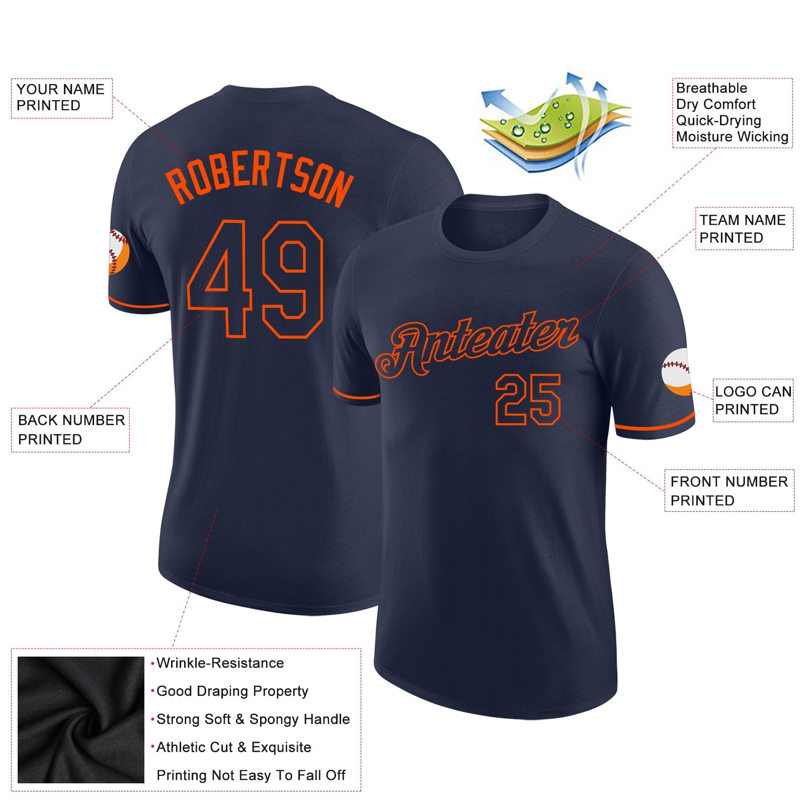Custom Navy Navy-Orange Performance T-Shirt view 2