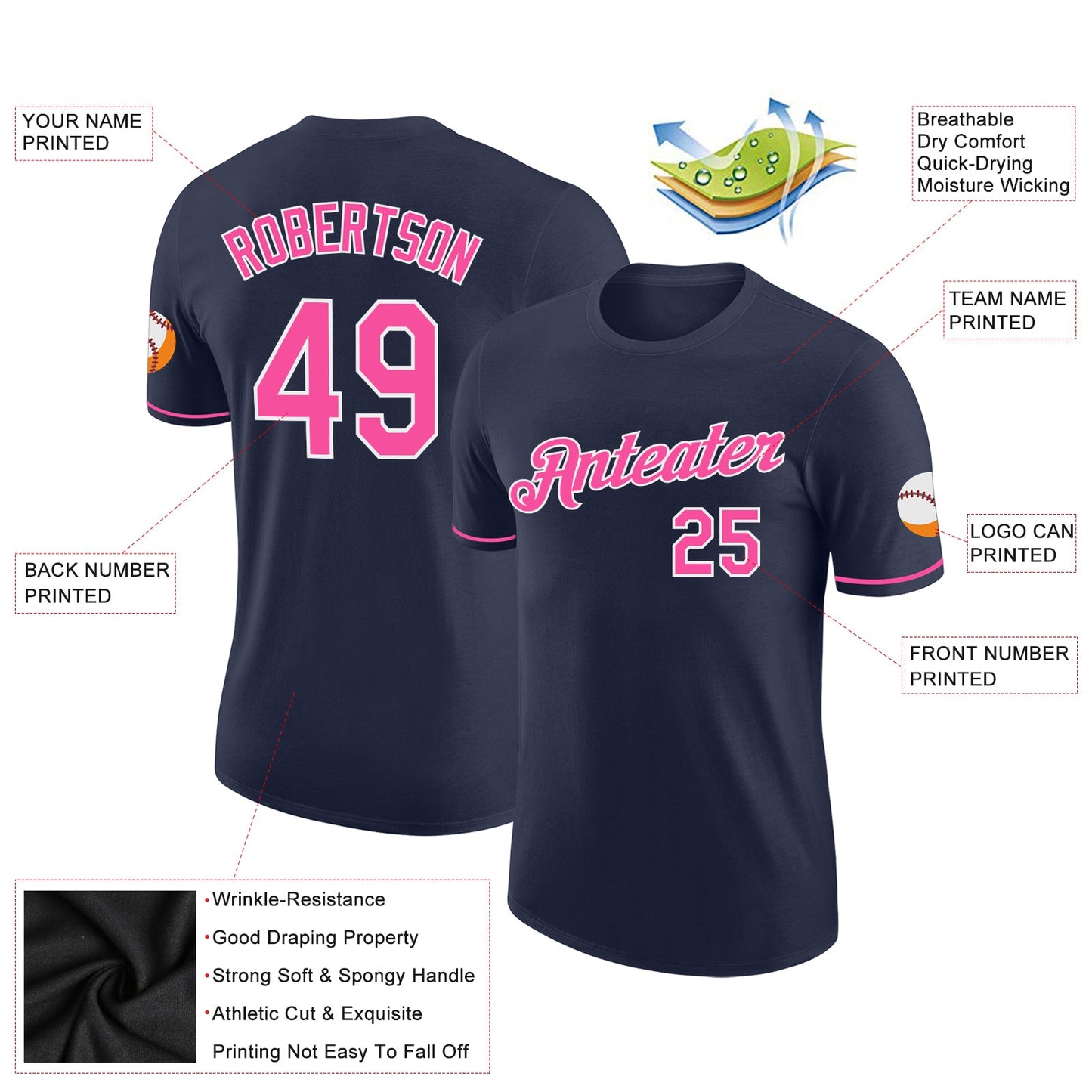 Custom Navy Pink-White Performance T-Shirt view 2