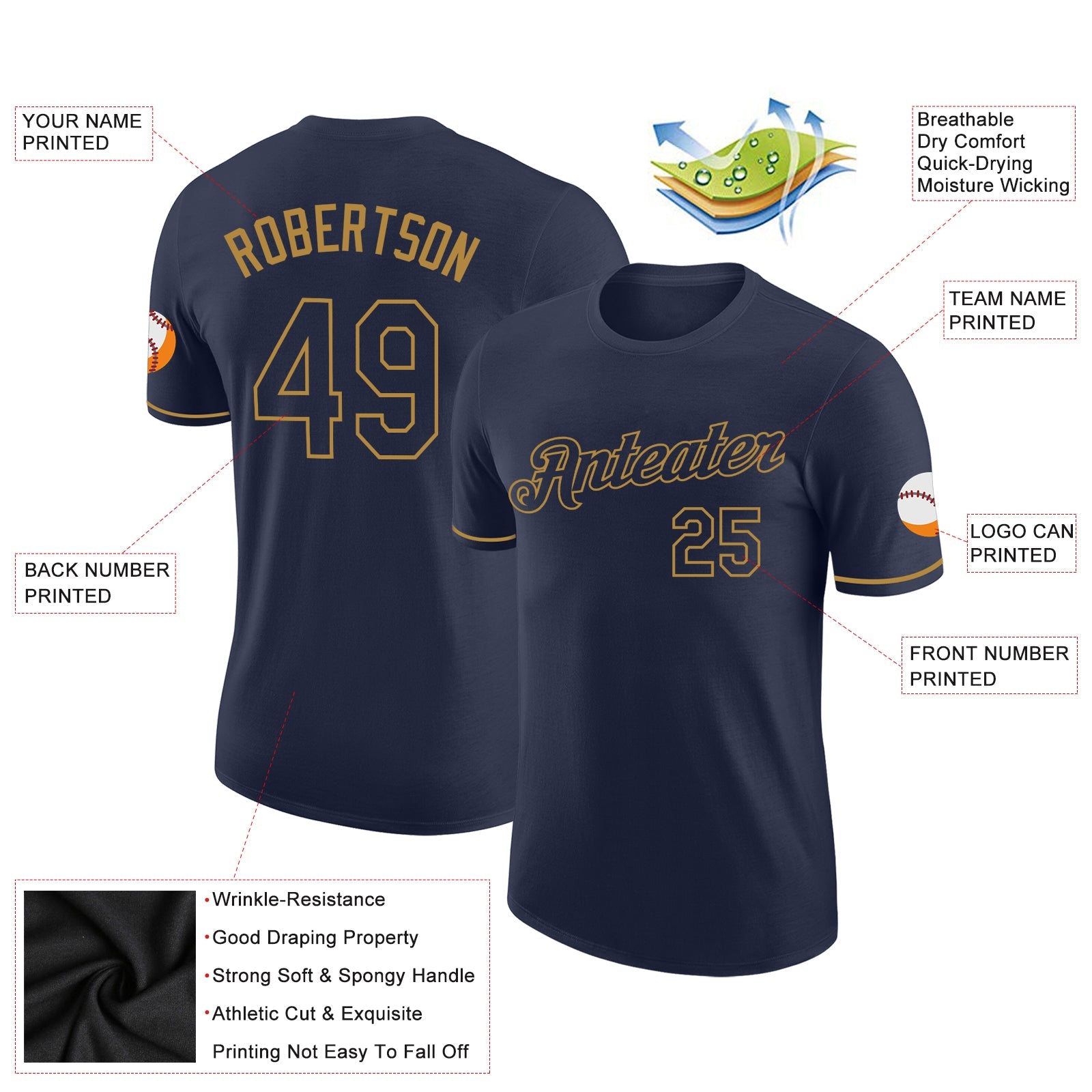 Custom Navy Navy-Old Gold Performance T-Shirt view 2