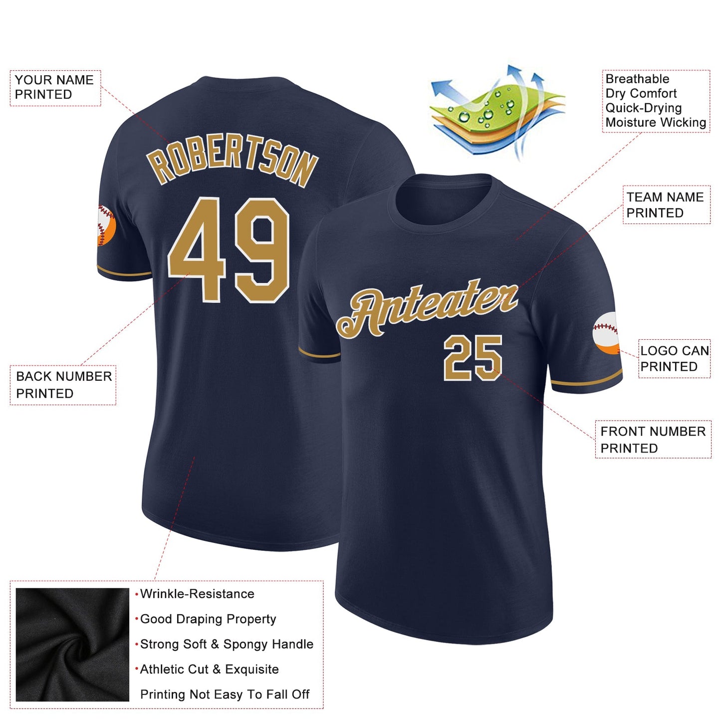 Custom Navy Old Gold-White Performance T-Shirt view 2