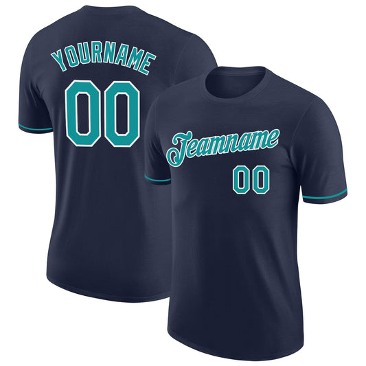 Custom Navy Teal-White Performance T-Shirt - Main View