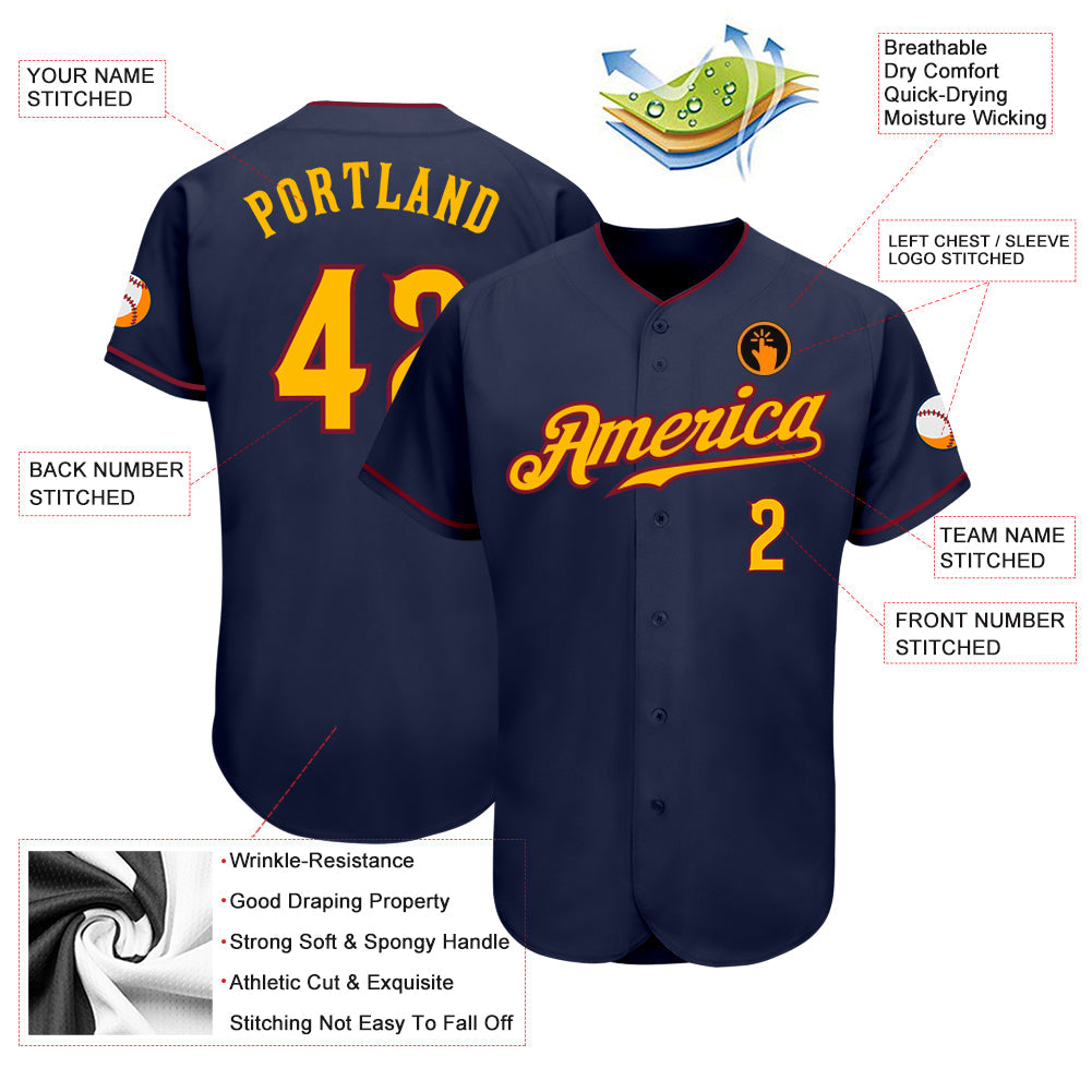 Custom Navy Gold-Crimson Authentic Baseball Jersey view 3