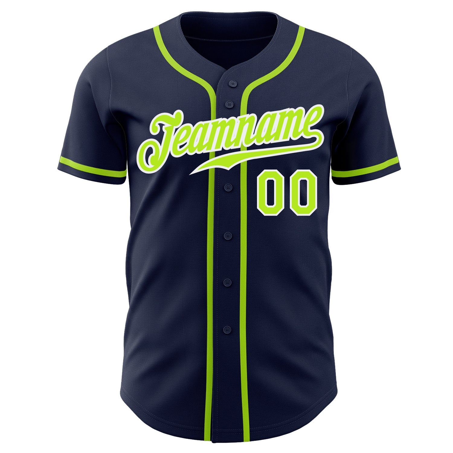 Custom Navy Neon Green-White Authentic Baseball Jersey view 2
