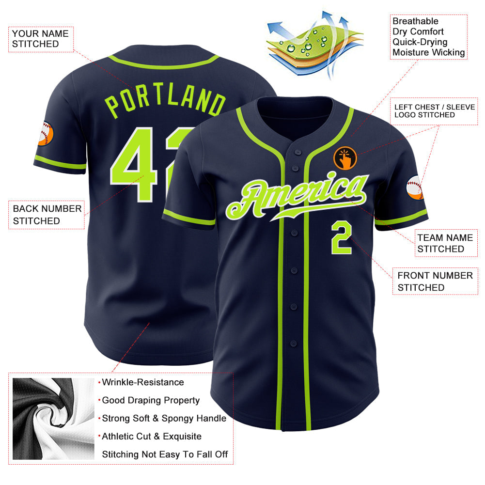 Custom Navy Neon Green-White Authentic Baseball Jersey view 3