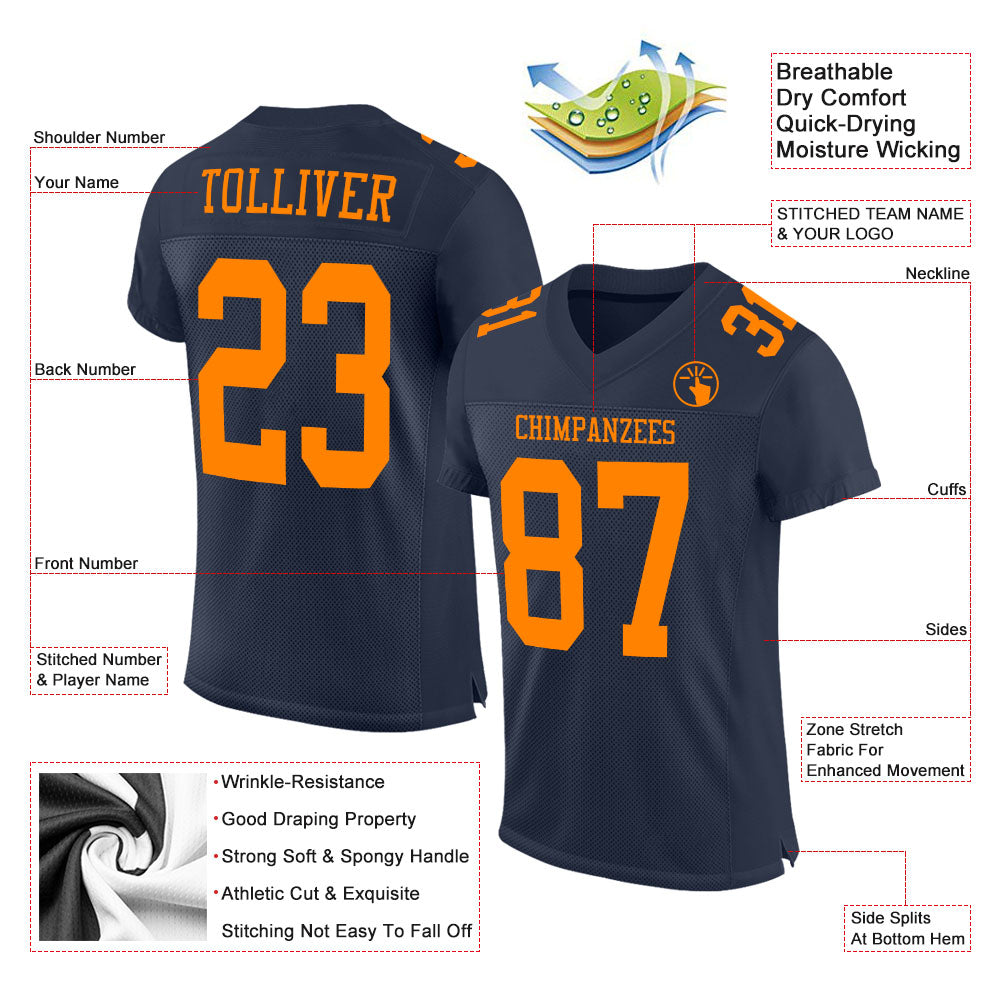 Custom Navy Bay Orange Mesh Authentic Football Jersey view 2