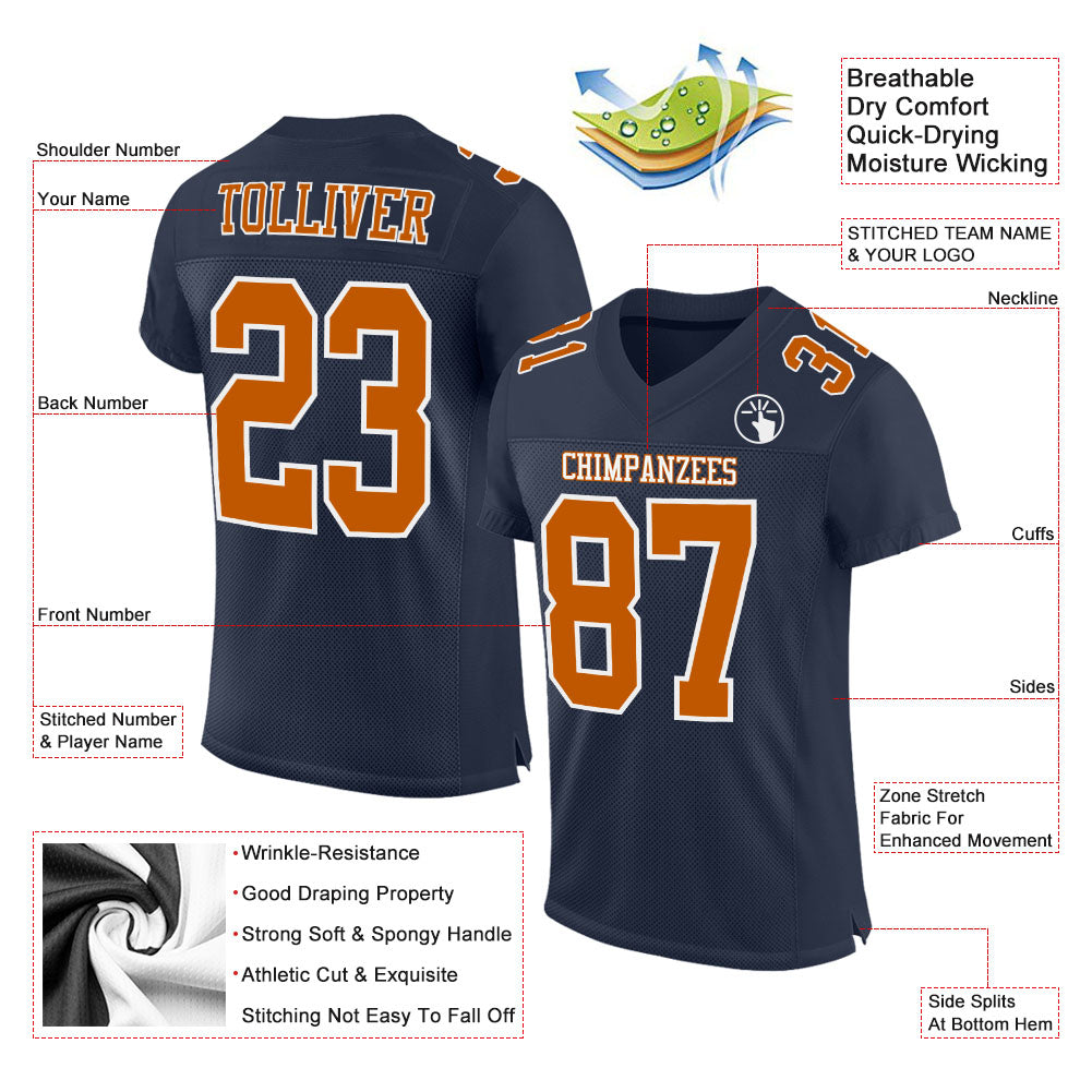Custom Navy Texas Orange-White Mesh Authentic Football Jersey view 2