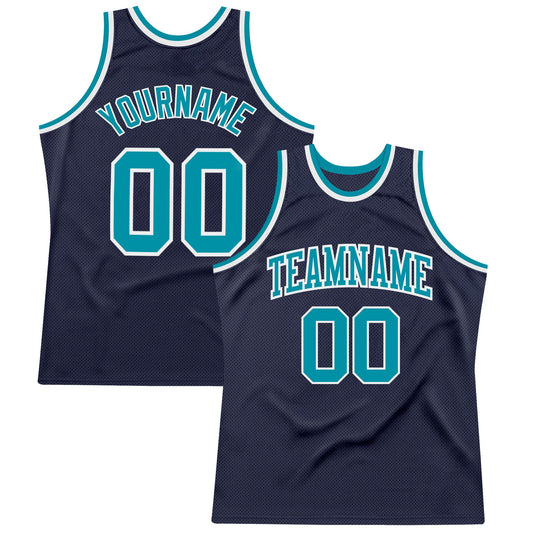 Custom Navy Teal-White Authentic Throwback Basketball Jersey - Main View