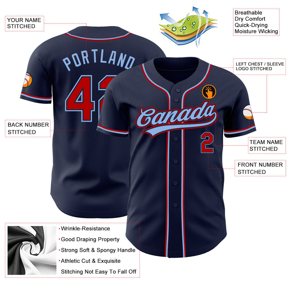 Custom Navy Red-Light Blue Authentic Baseball Jersey view 3