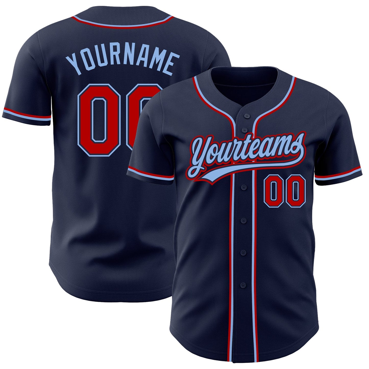 Custom Navy Red-Light Blue Authentic Baseball Jersey - Main View