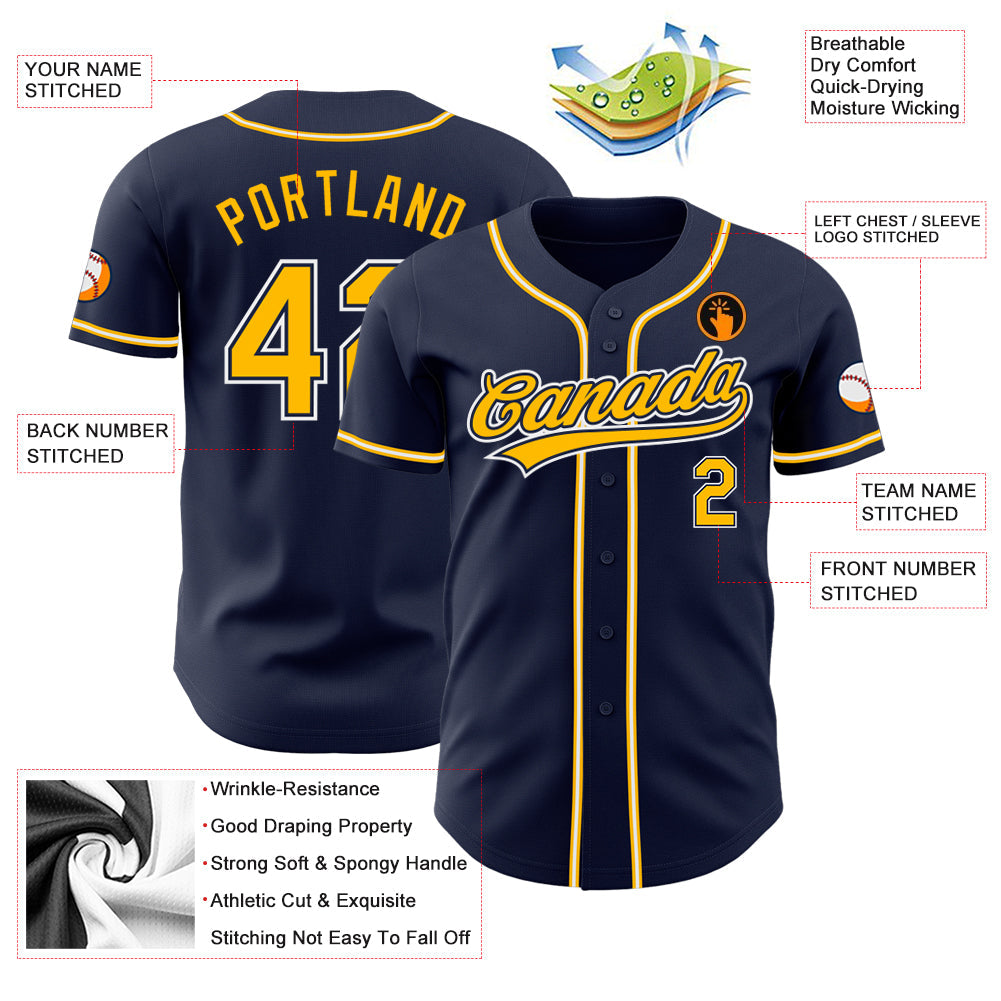 Custom Navy Gold-White Authentic Baseball Jersey view 3