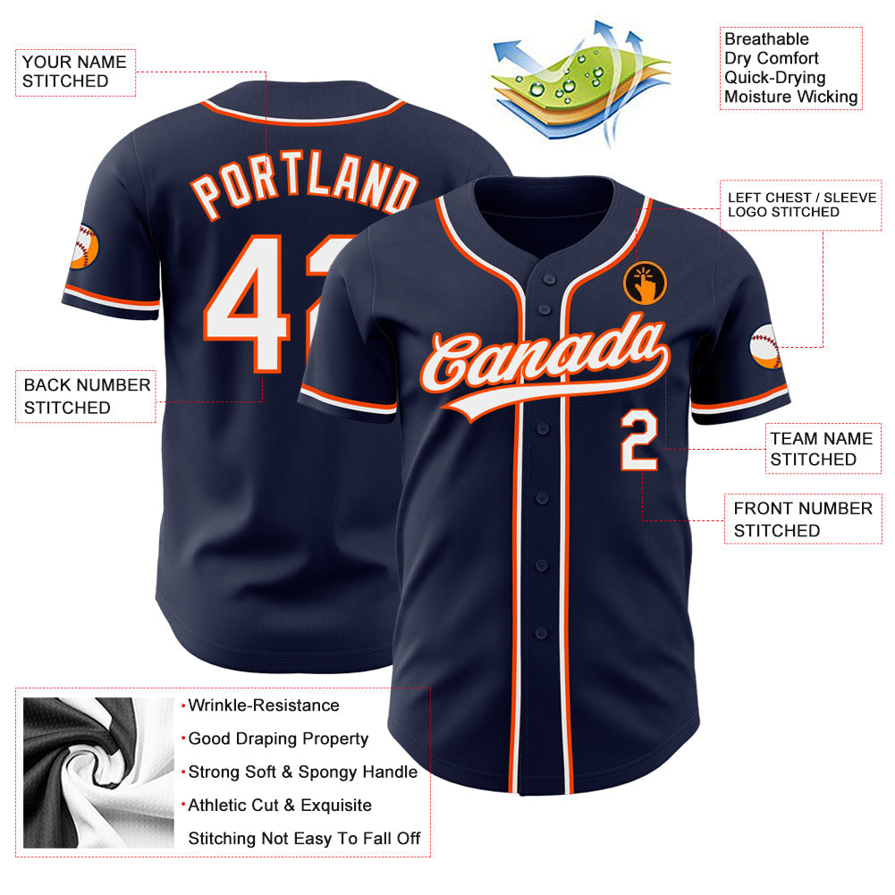 Custom Navy White-Orange Authentic Baseball Jersey view 3
