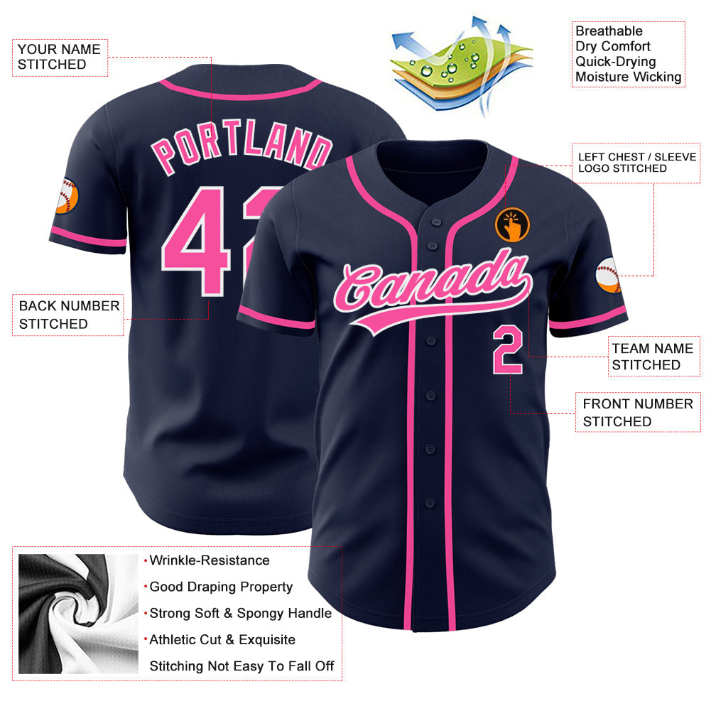 Custom Navy Pink-White Authentic Baseball Jersey view 3