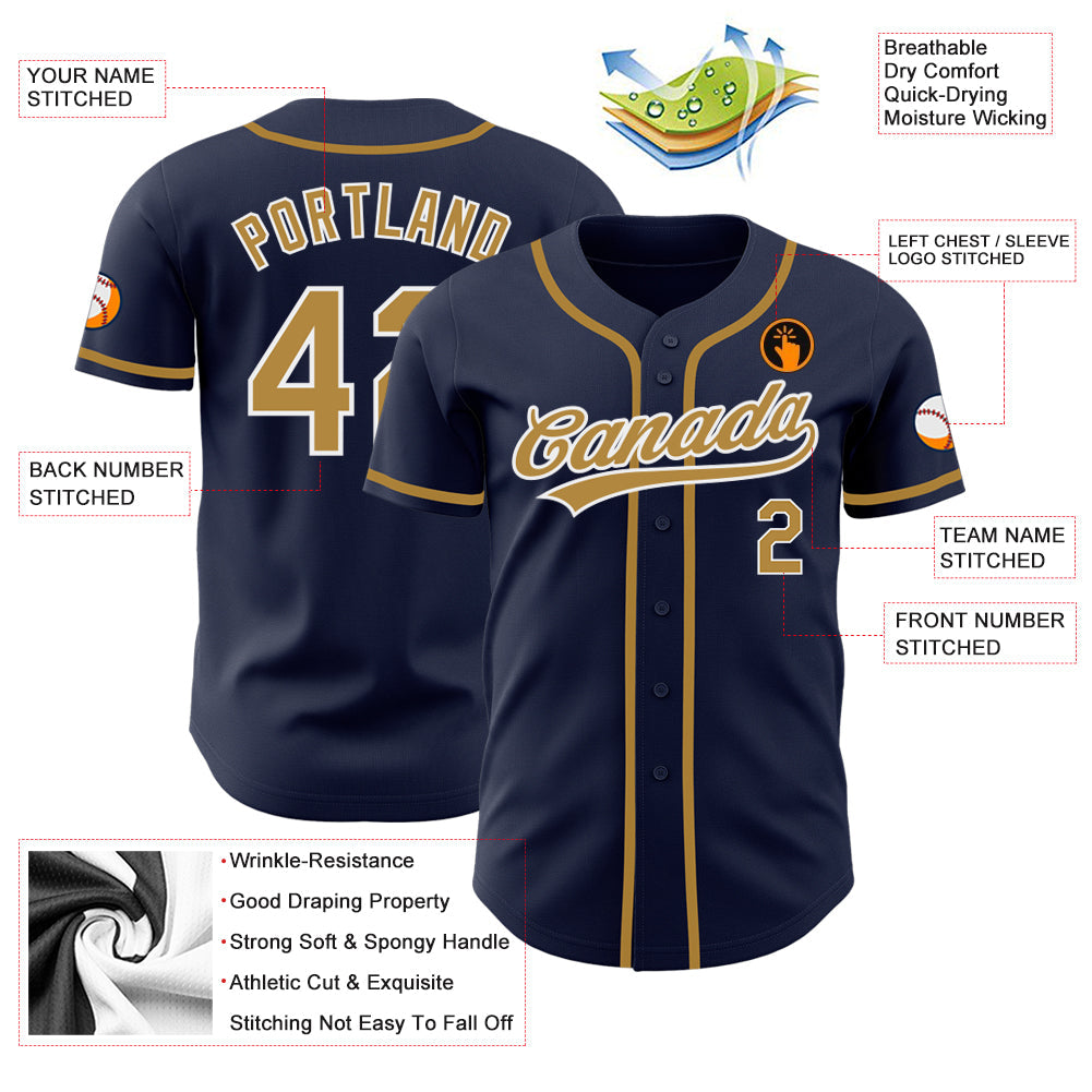 Custom Navy Old Gold-White Authentic Baseball Jersey view 3