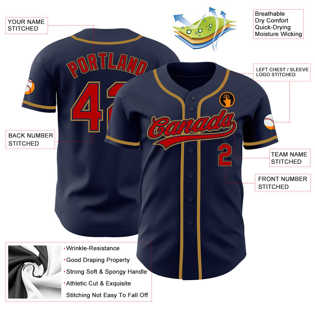 Custom Navy Red-Old Gold Authentic Baseball Jersey view 3