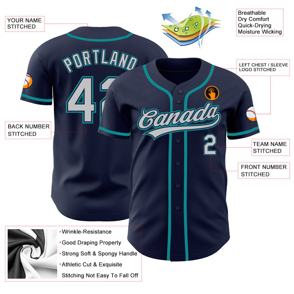 Custom Navy Gray-Teal Authentic Baseball Jersey view 3