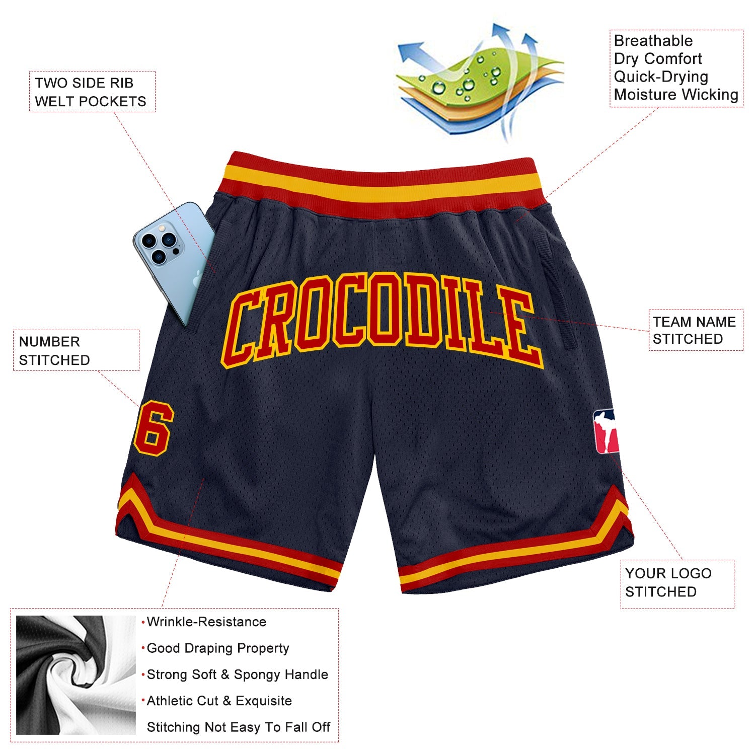 Custom Navy Red-Gold Authentic Throwback Basketball Shorts view 2