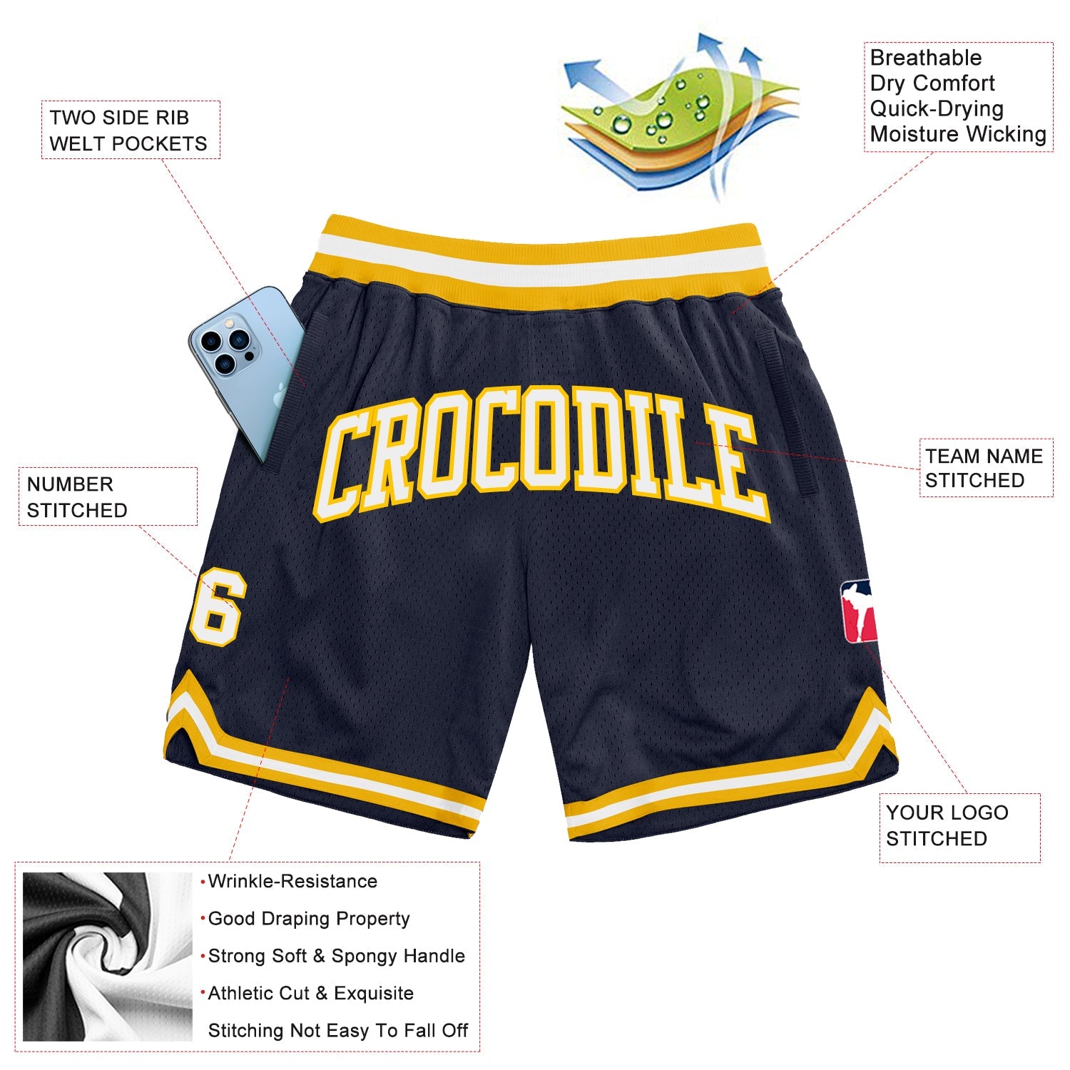 Custom Navy White-Gold Authentic Throwback Basketball Shorts view 2