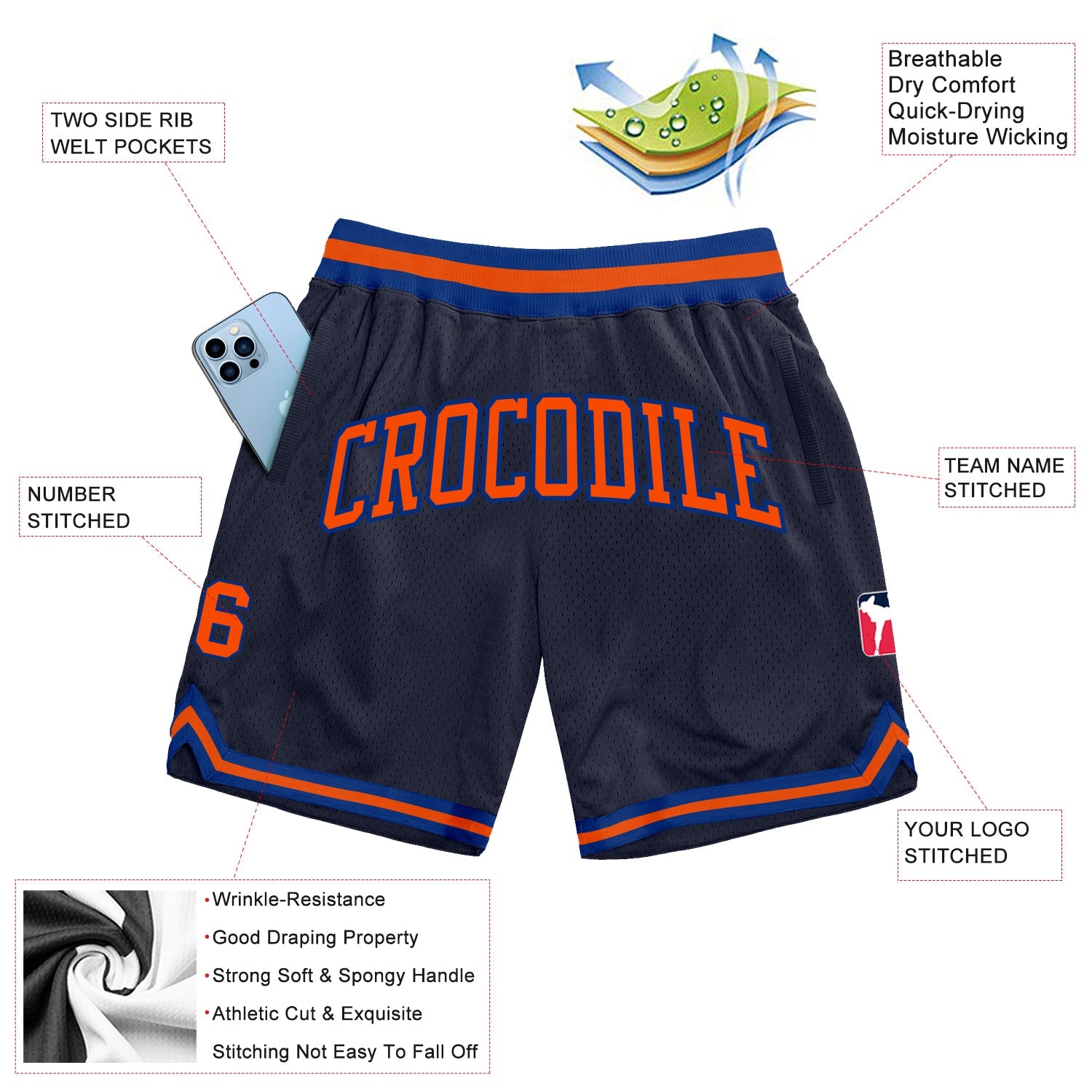 Custom Navy Orange-Royal Authentic Throwback Basketball Shorts view 2