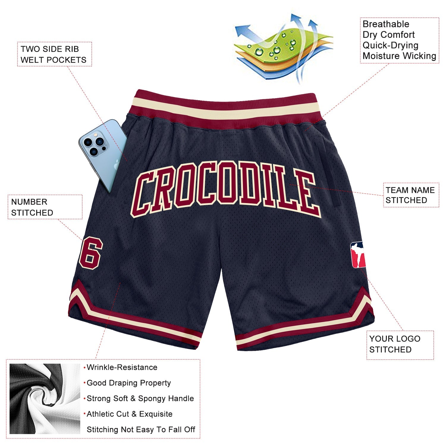 Custom Navy Maroon-Cream Authentic Throwback Basketball Shorts view 2