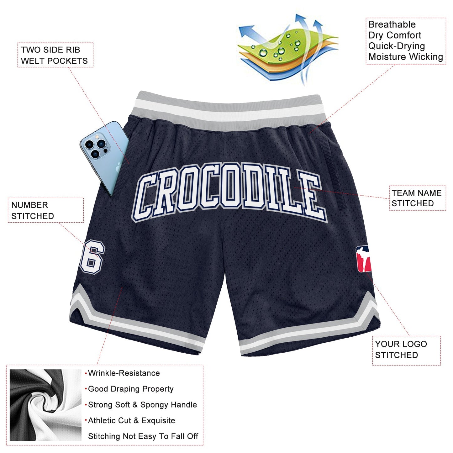Custom Navy White-Gray Authentic Throwback Basketball Shorts view 2
