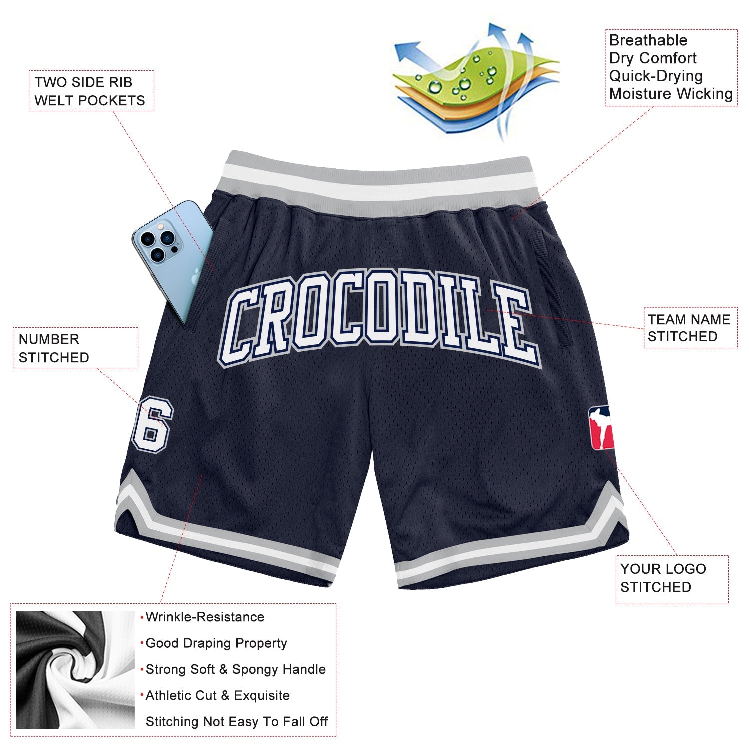 Custom Navy White-Gray Authentic Throwback Basketball Shorts view 2