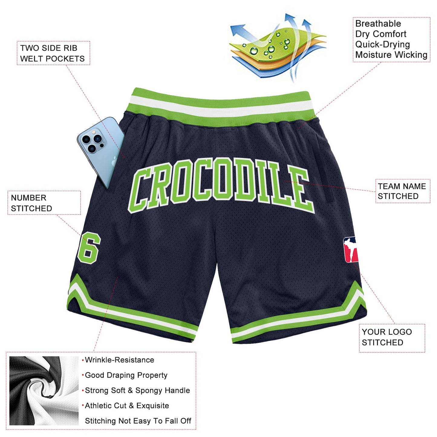Custom Navy Neon Green-White Authentic Throwback Basketball Shorts view 2