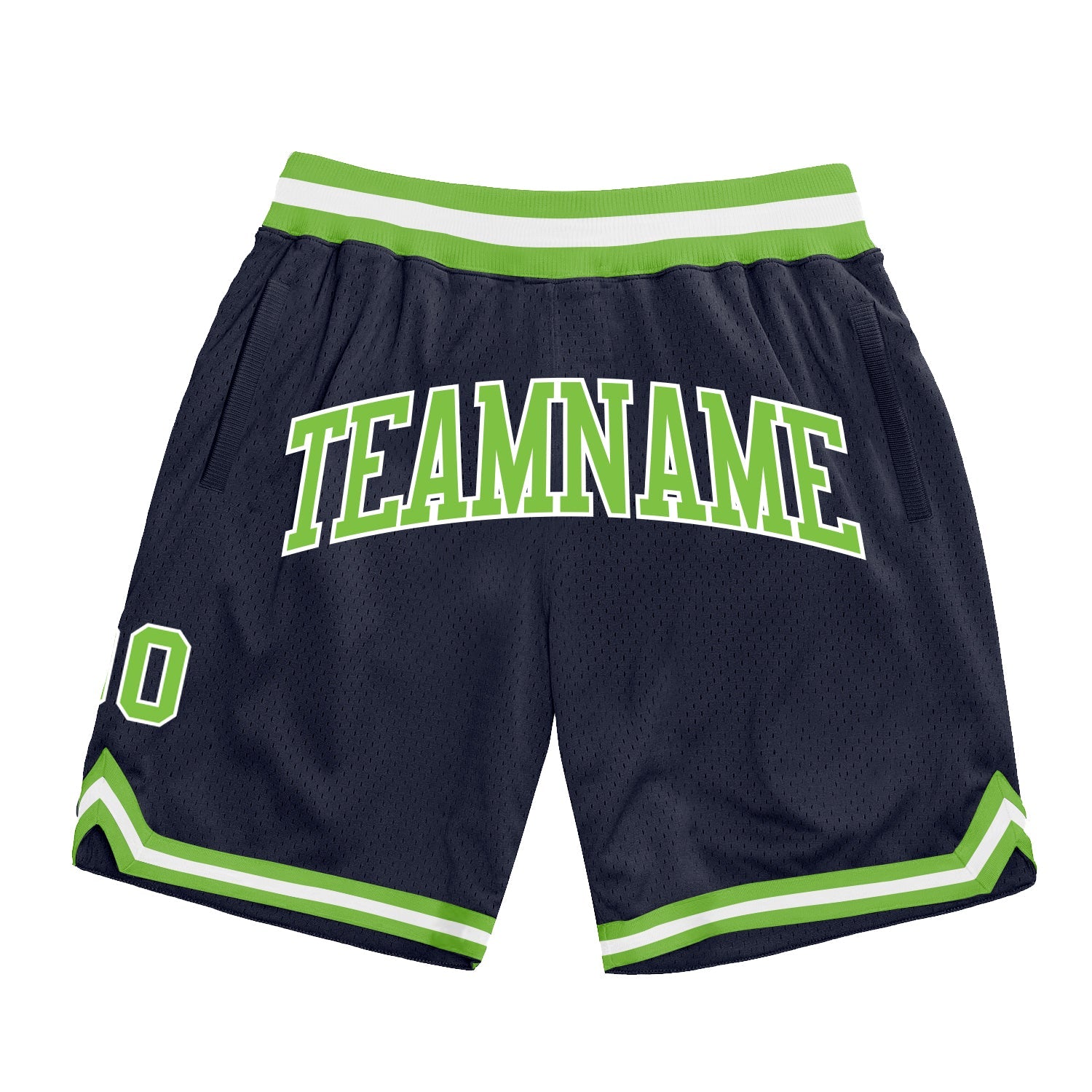 Custom Navy Neon Green-White Authentic Throwback Basketball Shorts - Main View