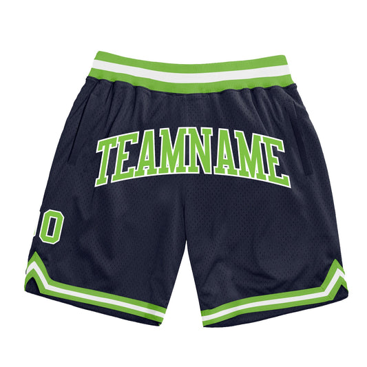 Custom Navy Neon Green-White Authentic Throwback Basketball Shorts - Main View