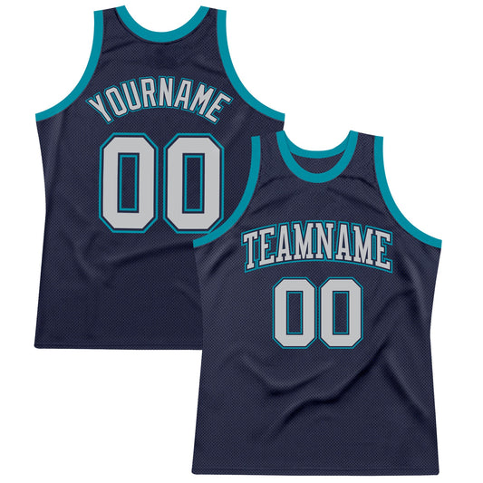 Custom Navy Gray-Teal Authentic Throwback Basketball Jersey - Main View