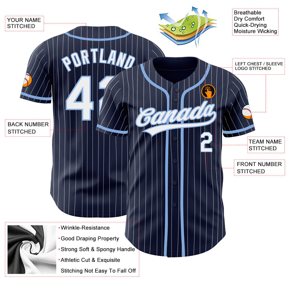 Custom Navy White Pinstripe White-Light Blue Authentic Baseball Jersey view 3