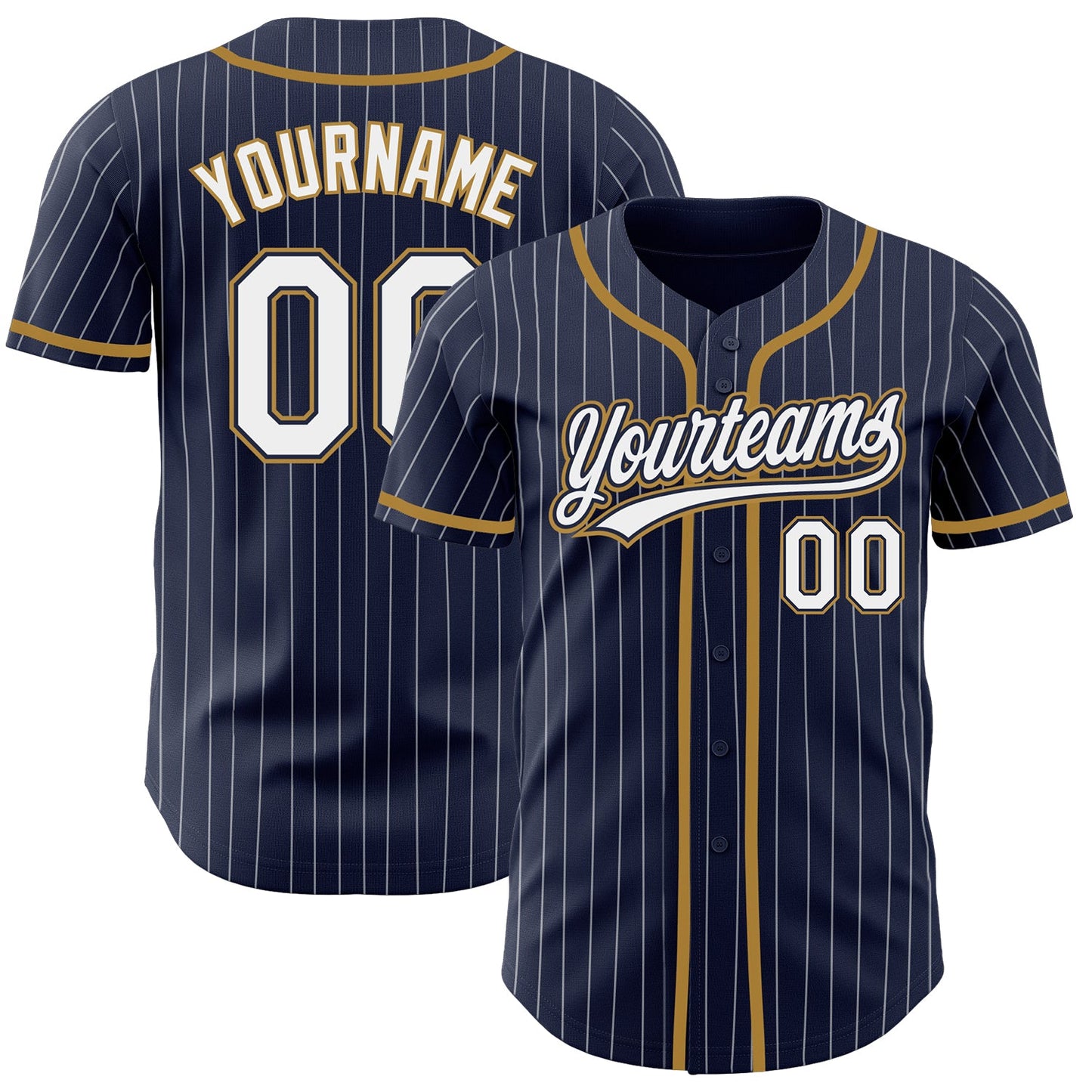 Custom Navy White Pinstripe White-Old Gold Authentic Baseball Jersey - Main View