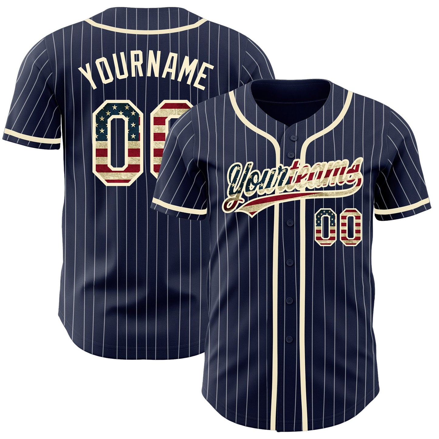 Custom Navy White Pinstripe Vintage USA Flag-Cream Authentic Baseball Jersey - Main View