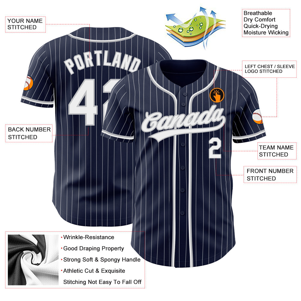 Custom Navy White Pinstripe White-Gray Authentic Baseball Jersey view 3