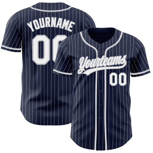 Custom Navy White Pinstripe White-Gray Authentic Baseball Jersey - Main View